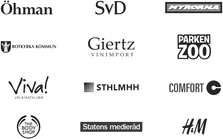 Öhman, SvD, Myrorna, Botkyrka Kommun, Giertz Vinimport, Parken Zoo, Viva Vin och Matklubb, Stockholm Headhunting, Comfort, Statens Medieråd, The Body Shop, H&M